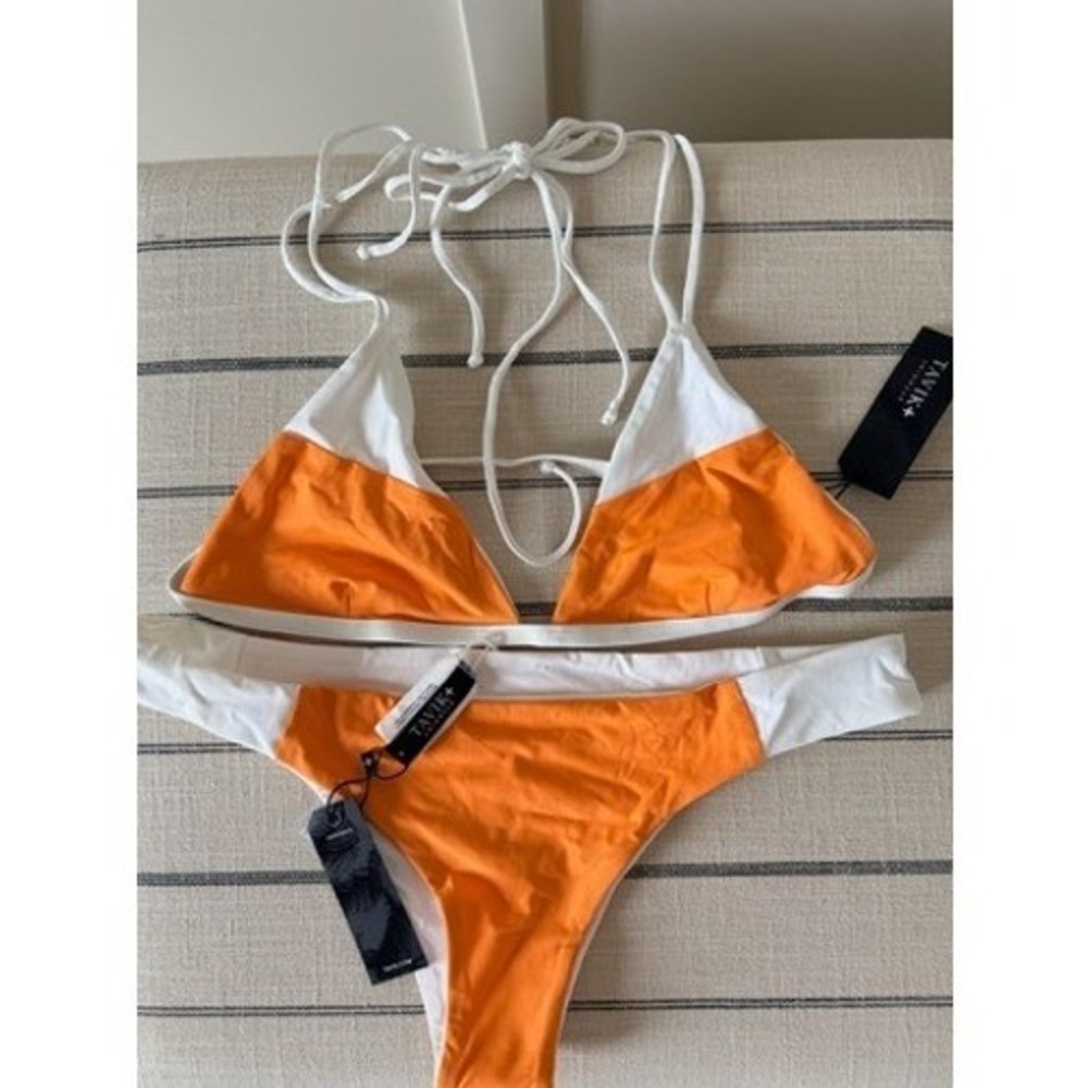 Tavik Swimwear Womens Orange White Colorblock Triangle Bikini Set NWT Size M
